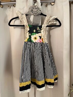 Mustard Pie Beige Floral Print Jacket with Black & White Striped Collar